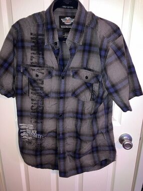 Harley-Davidson Black and Gray Plaid Short-Sleeve Button-Up Shirt